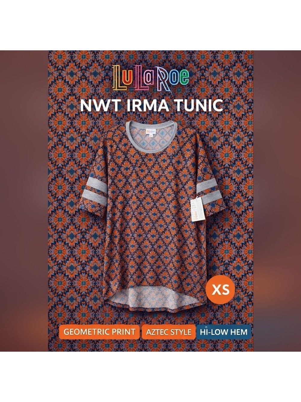 LuLaRoe Irma Tunic Geometric Aztec Print Hi-Low Top NWT Extra Small